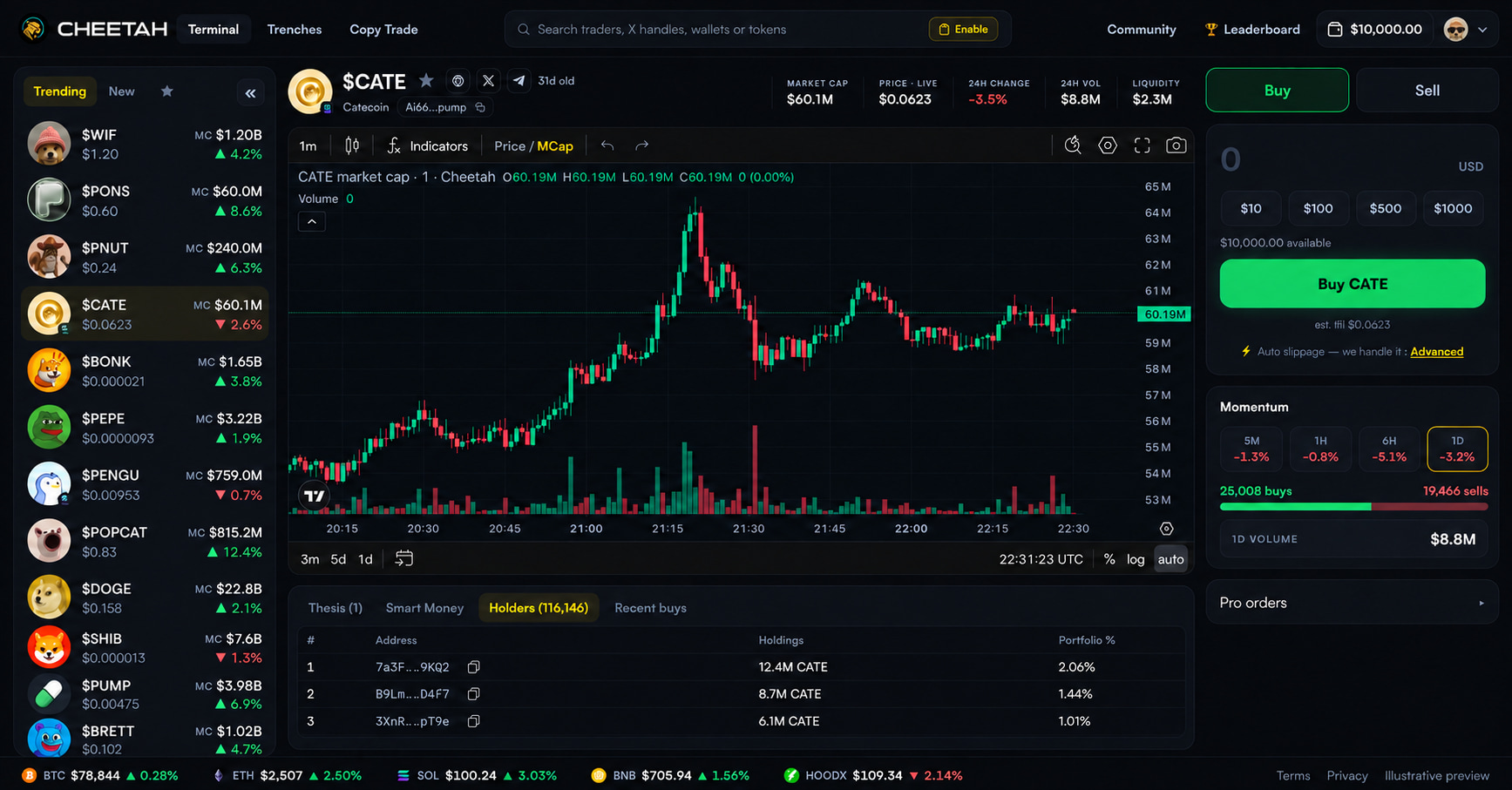Illustrative Cheetah terminal preview with WIF, PONS and PNUT, a CATE chart, and a signed-in account showing a $10,000 example balance.